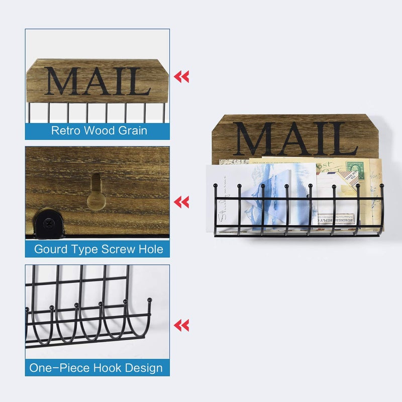 SRIWATANA Rustic Mail Holder Organizer, Key Holder Wall Mount Mail Sorter for Hallway Foyer and Home Decoration - Carbonized Black - Image 3